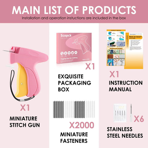 Main list of products includes handheld stitch gun, packaging box, manual, 2000 fasteners, and 6 needles for quick clothing repairs.