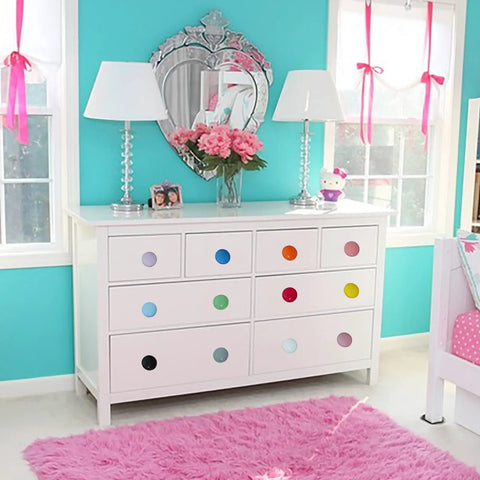 12Pk Straight Up Stunning Premium Ceramic Mushroom Drawer Knobs Retro Colorful Dresser Handles Smooth Finish on white dresser.