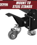Four Rock Solid Retractable Casters Featuring Quick Release Mounting Plates For No Sweat Workbench Relocation And Lets Heavy Shop Gear Roll Out Smooth As Butter on steel stand.