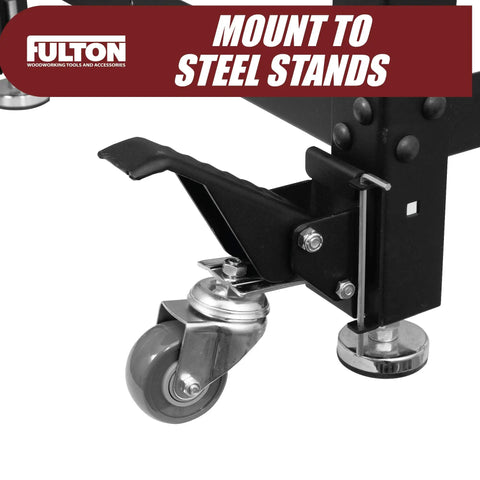 Four Rock Solid Retractable Casters Featuring Quick Release Mounting Plates For No Sweat Workbench Relocation And Lets Heavy Shop Gear Roll Out Smooth As Butter on steel stand.