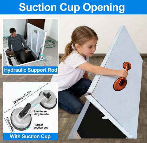 Top Shelf Heavy Duty Hidden Floor Access Panel with suction cup opening, 72 by 32 inch size, ideal for crawl space access.