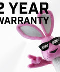 Pink cartoon rabbit with sunglasses and '2 Year Warranty' text on white background.