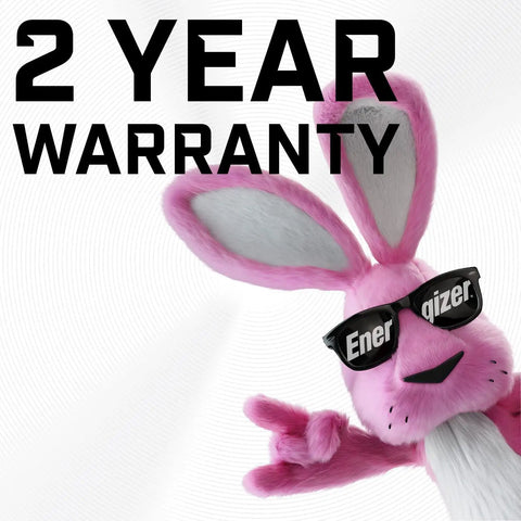 Energizer bunny mascot wearing sunglasses, promoting a 2 year warranty with a playful pose against a spiral background.