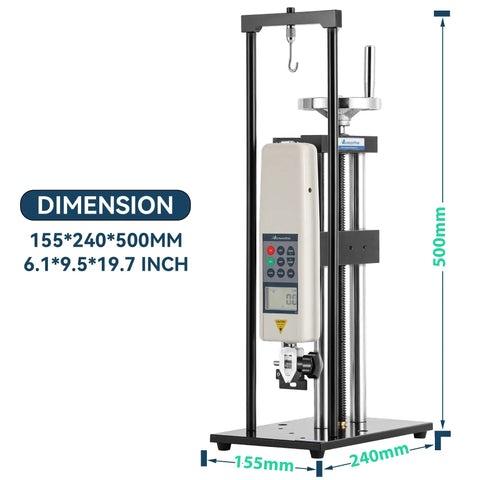 Beefy 500N Force Gauge With Wheel Operated Test Stand And 150mm Stroke Built For Quick Accurate Push Pull And Tensile Tests Rugged Pro Grade System With Clear Readout And Ready For Lab Or Shop Use HLB showing 500mm test stand dimensions