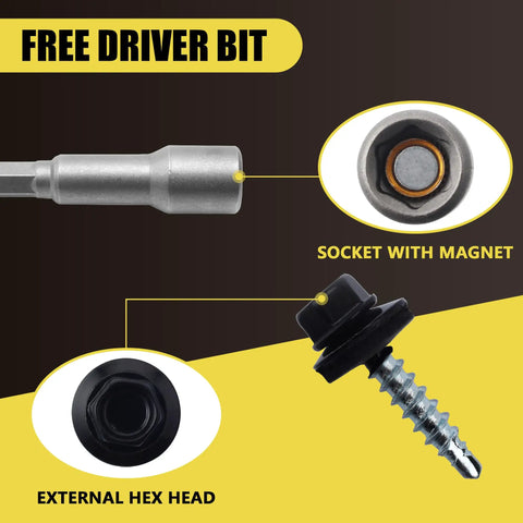 Free driver bit and black hex head for Heavy Duty Number 10 X 1 Inch Black Hex Head Self Drilling Roofing Screws, 300 Piece Set.
