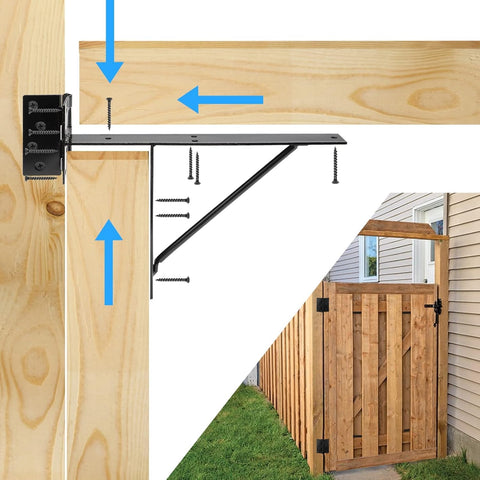 No Sag Heavy Duty Fence Gate Kit For Wooden Gates And Sheds Adjustable 2x4s Steel Corner Braces And Hinges in use on wooden gate