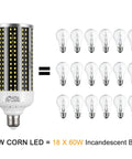 "Image of Two Pack 60W LED Corn Light Bulbs 6000 Lumens 6500K Daylight White E26 E27 Base compared to 18 incandescent bulbs."