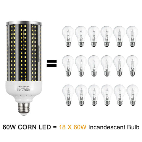 "Image of Two Pack 60W LED Corn Light Bulbs 6000 Lumens 6500K Daylight White E26 E27 Base compared to 18 incandescent bulbs."