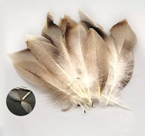 Pack Of 50 Flank Feathers For Fly Tying Natural Barred Mallard Duck Flank Feathers With Wild Goose Hair Wing shown in fan display