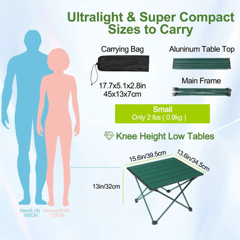 Grab And Go Portable Camping Table With Aluminum Top Foldable Side Table For Outdoor Cooking Hiking And Picnics No Tools Required Quick Setup In A Minute Lightweight And Compact Blackish Green Small