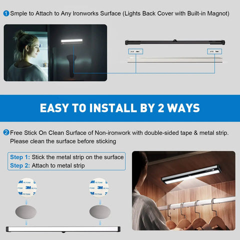 Rechargeable Motion Sensor LED Closet Light Two Pack Wireless Under Cabinet Lighting Bar installation guide image