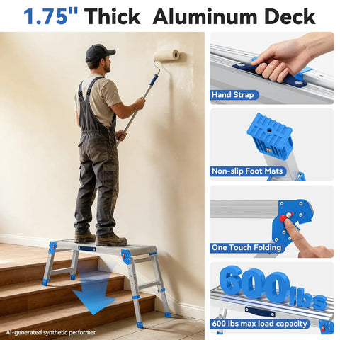 Heavy Duty Aluminum Work Platform Supports Up To 600 Lbs With One Touch Automatic Fold Stable On Steps With Reinforced Non Slip Top And Wide Legs Quick Two Step Fold No Tools Required For Diy And Pros. Man painting wall on 1.75-inch thick aluminum work platform on stairs