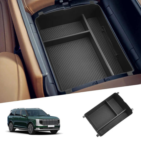 Hyundai Palisade 2026 Center Console Organizer Tray for 7 Seat Calligraphy Trim Dual Opening Armrest Storage Box installed
