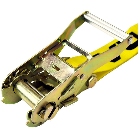 Yellow Series 2 Inch Complete Axle Tie Down System Heavy Duty Kit with 8 Foot Snap Hook Ratchet Straps in metal and yellow strap