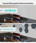 Sound absorption demonstration showing 12 Pack Hexagon Acoustic Panels Self Adhesive Sound Proof Foam Beige on wall.
