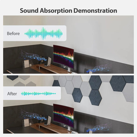 Sound absorption demonstration showing 12 Pack Hexagon Acoustic Panels Self Adhesive Sound Proof Foam Beige on wall.