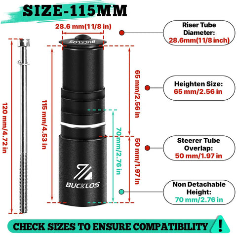Diagrams showing measurements of a versatile adjustable bike stem riser, compatible with 31.8mm handlebars and 28.6mm fork.