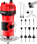 Heavy Duty 800W Compact Wood Router With 30000 RPM Kick And Complete 15 Piece Bit Set For Smooth Edge Trimming And No Sweat Woodworking Results On Any Project, featuring red compact design and bit tools.
