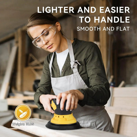 Person using Brushless 350W Random Orbital Sander With 3A Motor, Variable Speed Corded Sander For DIY Woodworking.