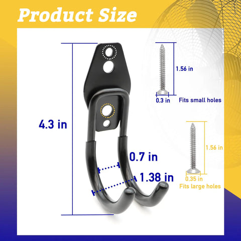 Diagram of Two Pack Wall Fan Mounting Brackets with industrial grade design, showing hook size and screws for secure mounting.
