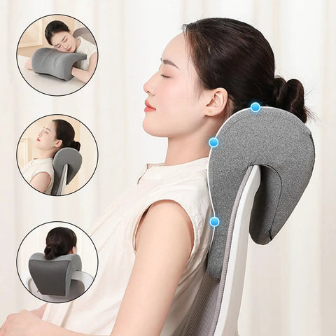 Woman using Headrest Cushion Attachment for Desk Chair Memory Foam Ergonomic Neck Pillow for Napping and Sleep Office Comfort Back