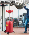 Heavy Duty 20 Gallon Waste Oil Drain Tank With Air Operated Drainer next to a mechanic under a lifted car in a garage
