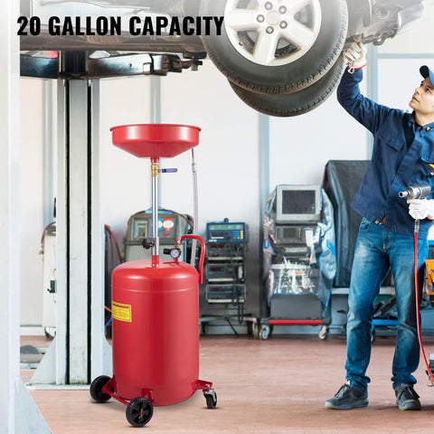 Heavy Duty 20 Gallon Waste Oil Drain Tank With Air Operated Drainer next to a mechanic under a lifted car in a garage