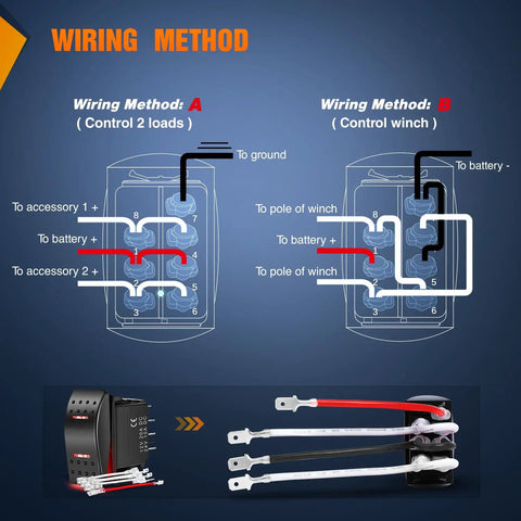 7 Pin Rocker Switch With Red Jumper Wires For Auto Electronics DPDT On Off Rocker Switch Waterproof 20Amp 12VDC And 10Amp 24VDC Dual Load Control Plug And Play Easy Install Replacement Panel Switch wiring diagram with red, white, and black leads