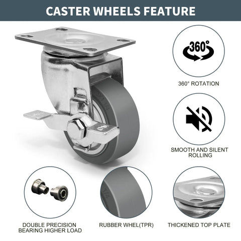 Rock Solid 3 Inch TPR Rubber Caster Wheels Set Of Four Hella Smooth Rolling Heavy Duty Non Marking Casters 1200 Lb Capacity features a swivel wheel with double precision bearing.