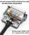 DB25 Male Breakout Board Adapter with beefy metal shell, tool-free solderless RS232 serial port terminal and color-coded wiring