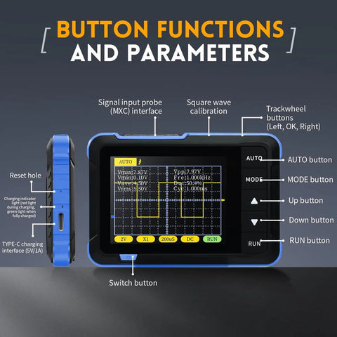 Pocket Automotive Oscilloscope And Multimeter With One Button Auto Calibration DSO152 2.8 Inch TFT display buttons and ports.