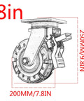 4 inch diameter caster wheel with locking brakes, showing detailed dimensions for Four Pack Heavy Duty Swivel Casters With Locking Brakes And Solid Rubber Wheels Featuring Dual Ball Bearings For Smooth Operation On Steel Plates Built Like Tanks For Garage Loads Without Breaking A Sweat.