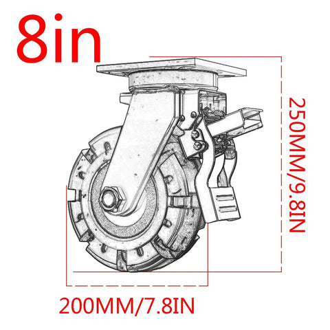 4 inch diameter caster wheel with locking brakes, showing detailed dimensions for Four Pack Heavy Duty Swivel Casters With Locking Brakes And Solid Rubber Wheels Featuring Dual Ball Bearings For Smooth Operation On Steel Plates Built Like Tanks For Garage Loads Without Breaking A Sweat.