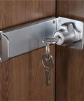 Stainless Steel Door Clasp Lock Right Angle Latch 90 Degree Hasps Shed Gate mounted on a wooden door with a key.