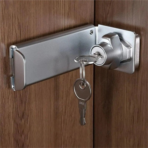 Stainless Steel Door Clasp Lock Right Angle Latch 90 Degree Hasps Shed Gate mounted on a wooden door with a key.