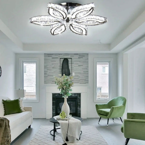 Elegant living room with 20 Inch Dimmable Modern Crystal Chandelier With LED Flower Design, K9 Crystal Pendant Ceiling Light