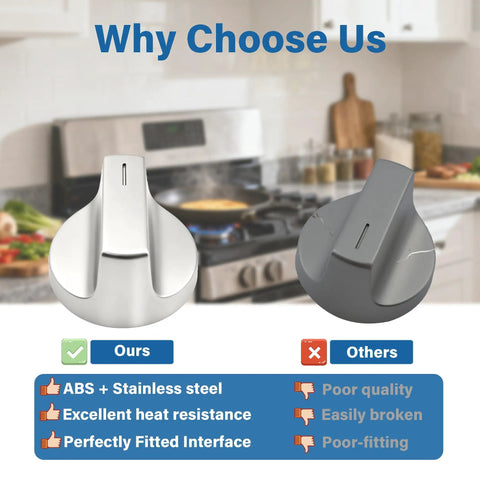 Comparison of Replacement Electric Range Knobs For Whirlpool Ovens And Gas Stoves with heat-resistant stainless back and poor quality alternative