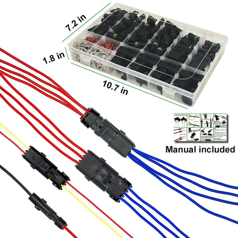 Weather Pack Connectors Kit 26 Sets Waterproof Automotive Electrical Connectors For Wiring 1 To 4 Pin 18 To 14 AWG With Male And Female Terminals And Silicone Seals 332 Pcs Total Pro Grade Must Have Bundle shown with connectors and manual
