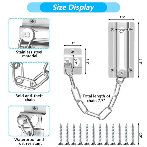 Two Pack Stainless Steel Door Chain Lock For Inside Doors, Heavy Duty Security Chain With Thickened Link Design And 12 Screws.