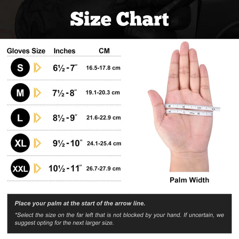 Nitrile glove size chart infographic with a hand and measuring tape, showing sizes S-XXL.