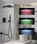 LED Rain Shower System With High Pressure 12 Inch Square Rain Head Handheld Shower Brass Tub Spout Brass Shower Arm Stainless Steel Hose 3 Function Valve Matte Black Bath Faucet Trim Kit Luxury Bathroom Rain Mixer Set