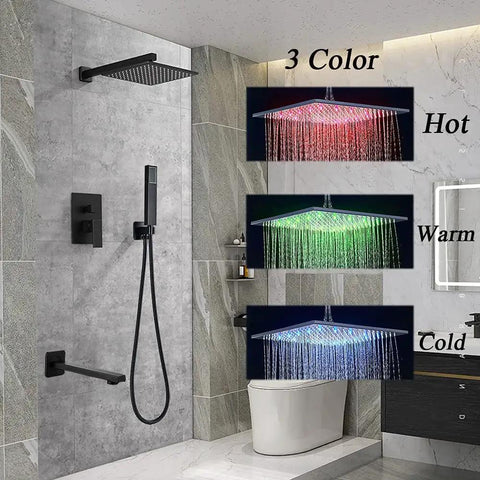 LED Rain Shower System With High Pressure 12 Inch Square Rain Head Handheld Shower Brass Tub Spout Brass Shower Arm Stainless Steel Hose 3 Function Valve Matte Black Bath Faucet Trim Kit Luxury Bathroom Rain Mixer Set