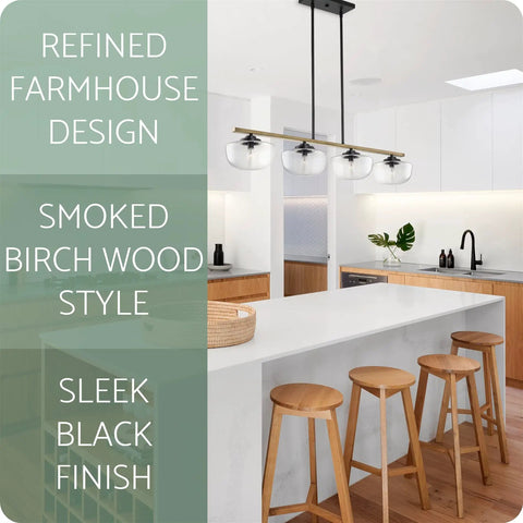 Grove 38 Inch 4 Light Dope Modern Farmhouse Kitchen Island Light With Schoolhouse Glass Shades In Smoked Birch Finish over white kitchen.