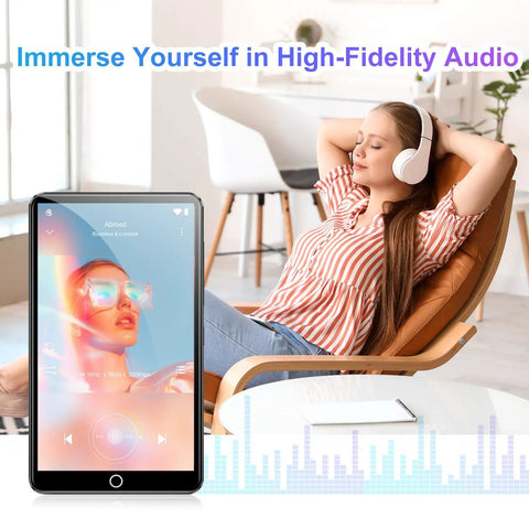 All In One 80GB Bluetooth WiFi MP3 Player With 4.0 Inch IPS Touch Screen next to person relaxing with headphones
