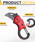 Compact Pocket Folding Knife With Carabiners, 1.38 Inch Blade, 3Cr13 Stainless Steel, Mini Box Cutter, red handle, detail view