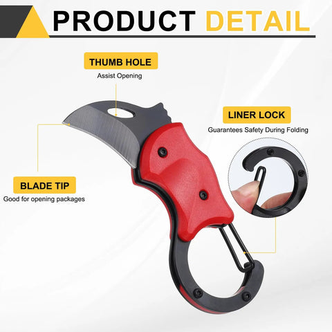 Compact Pocket Folding Knife With Carabiners, 1.38 Inch Blade, 3Cr13 Stainless Steel, Mini Box Cutter, red handle, detail view