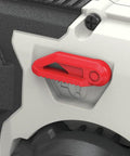 Close-up of 20V Max Lithium 18GA Brad Nailer Kit Cordless Battery Powered Finish Nailer With No Compressor Needed For Quick Drywall Trim Molding Projects And Pro Level Results, showing red latch detail.