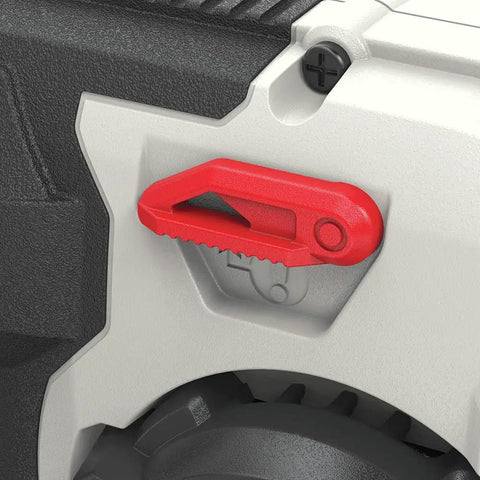 Close-up of 20V Max Lithium 18GA Brad Nailer Kit Cordless Battery Powered Finish Nailer With No Compressor Needed For Quick Drywall Trim Molding Projects And Pro Level Results, showing red latch detail.