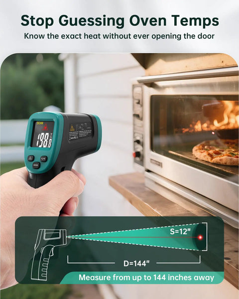Non Contact Infrared Thermometer Gun With Laser Aiming And Color LCD Adjustable Emissivity For Accurate Readings From Minus 58F To 1472F Ideal For HVAC Cooking And BBQ Automotive And Freezer Jobs used at an oven