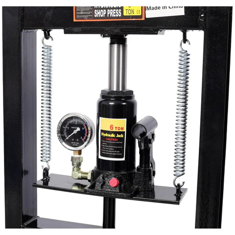 Close-up of Six Ton Hydraulic Shop Press with Precision Pressure Gauge, showcasing steel frame and hydraulic jack for auto maintenance.